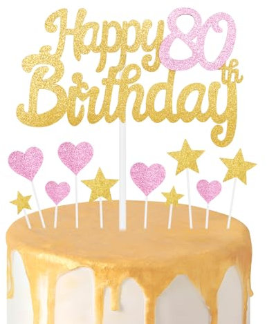 Gold Pink 80th Birthday Cake Topper, Girls 80th Birthday Decorations, Glitter Heart Stars Cake Toppers, Personalised Happy Birthday Cake Cupcake Toppers for Women Girls Baby Birthday Party Supplies