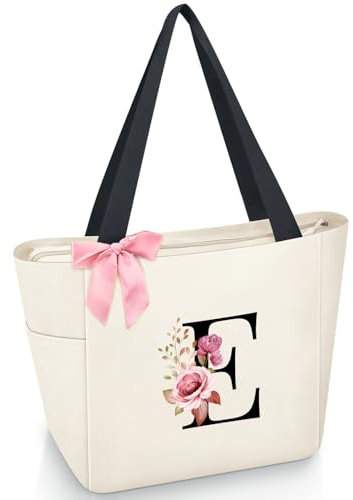 Vavabox Handtasche Damen A-Z Reißverschluss Schultertasche, Geschenke für Damen,Bräute und Brautjungfern, Arbeit,Reisen,Einkaufen,Schule (E, Beige)