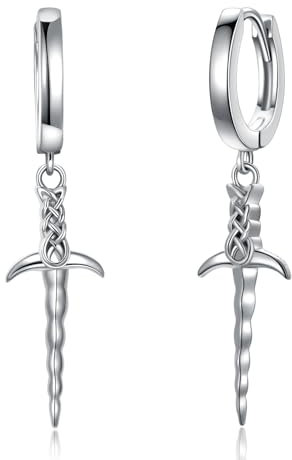 ROMANTICWORK Schwert Creolen 925 Sterling Silber - Dolch Keltische Knoten Hängende Ohrringe - Schwert Kreuz Huggie Goth Punk Schmuck Geschenke für Damen Männer Herren