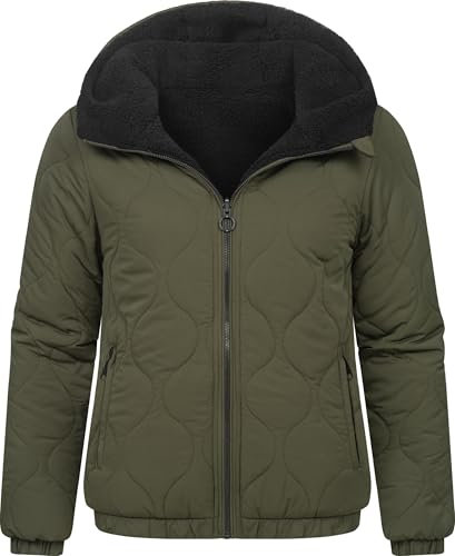 Ragwear Damen Wendejacke warme Teddy-Fleecejacke Steppjacke mit Kapuze Qaria Dark Olive Gr. L