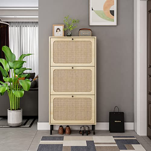 GM Ultra Schuhschrank mit DREI Türen, Schuhregal, Schuhaufbewahrung, Schuhschrank Rattan, Holz Schuhkipper für Flur Eingang, Weiß+Walnuss