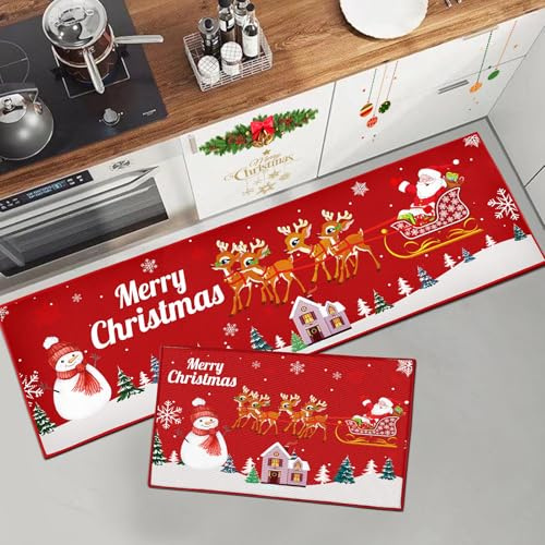 HZVRTN Weihnachtsteppich rutschfest Waschbarer Weihnachtsmann Druck Teppich für Küche, Flur, Wohnzimmer, Büro, Kinderzimmer, Weihnachtsdekoration für Zuhause (Weihnachts G, 43x75+43x150cm)
