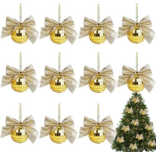 12 Pcs Mirror Disco Balls,Mini Disco Balls with Ribbon Bow for Christmas Tree Decor,Newest Christmas Baubles for XMAS Holidays Party New Year Wedding Decor(Gold)