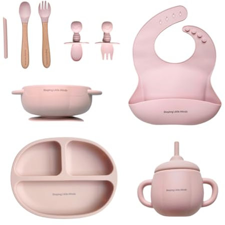 Silicone Baby Weaning Set with Bib Suction Plate Bowl Sippy Cup Fork Spoon BPA Free Microwave Dishwasher Safe Non Slip Feeding Kit Gift Box for Toddlers Learning to Eat Boys Girls Rose Pink