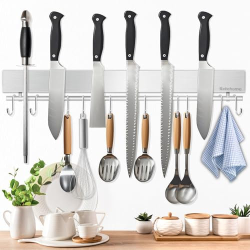 Rekehome 43 cm Silver Magnetic Knife Holder with 10 Hooks, Strong Stainless Steel, Kitchen Organization, Wall Mount