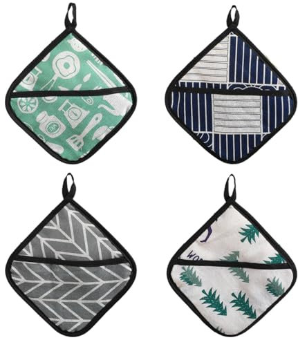 BEPSYOM 4 Pezzi Presine in Cotone, Guanti da Forno Lavabili, Accessori da Cucina e per Griglia, Quadrate Appendibili per Casa, Feste, Forno, Barbecue, da Cucina, Cucina Appendi (18x18 cm)