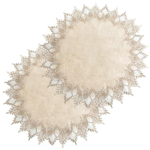 URROMA Runde Deckchen aus Leinen, 61 x 61 cm, Beige mit Spitzenbesatz, Couchtischdekoration, Tischdecke für Esszimmer, Küche (60 x 60 cm), 2 Stück