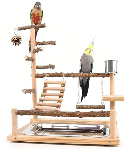BeauFairy Parque de Juegos para Loros, 46*31*70CM, Parque de Juegos para Pájaros Gimnasio Aves Stand Área Juego, Percha para Loros de Madera, con Columpio Escalera Bandeja, para Pájaros Trepador, F544