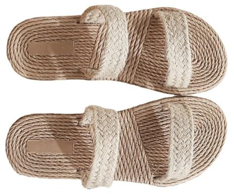CALLARON Sandales De Plage Plates En Paille Simili Beige, Pantoufles, Légères Et Confortables, Taille 39, Femmes, Été, Marche Extérieure