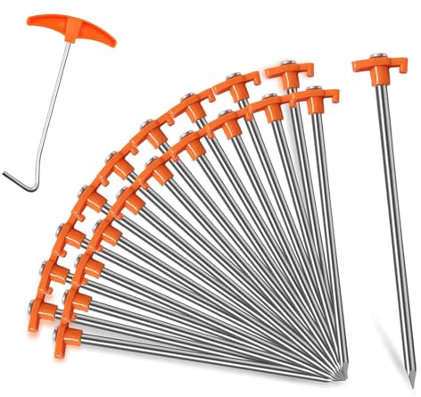 Quixotical 20 Pack Heavy Duty Metal Ground Pegs for Hard Ground, Galvanized Rock Stakes with Puller Tool, Strong Ground Anchors for Camping, Awnings, Tarps, Canopies