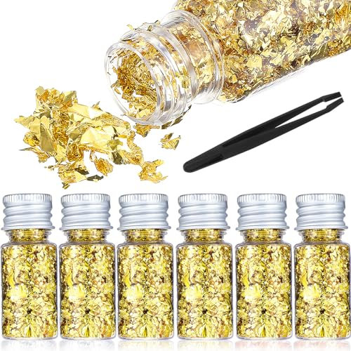 6 Stück Blattgold essbar Goldfolie Flocken Goldfolie Papier Blattgold Blattgold Imitation Dekoration Multifunktions Dekorfolienpapier Für Vergoldung Malerei Küche Mousse Kuchen Handwerk Nägel Und DIY