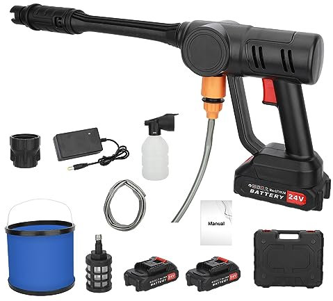 Cordless Pressure Washer, 180W High Pressure Jet Washer, 24V Portable Car Washer with Adjustable Nozzle, 2 Batteries, 1 Charger, Bucket & Water Pipe for Car Cleaning & Outdoor Use