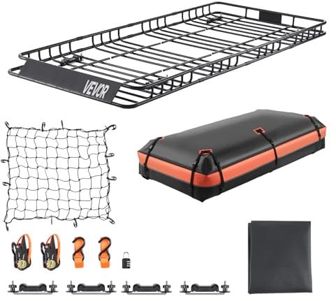 VEVOR Dachgepäckträgerkorb Autodachkorb (2120 x 990 x 105 mm) universeller Dachgepäckträger mit Gepäcktasche & Netz & Ratschengurten (113,4 kg Max Tragkraft), Autodach-Gepäckträger für SUV LKW