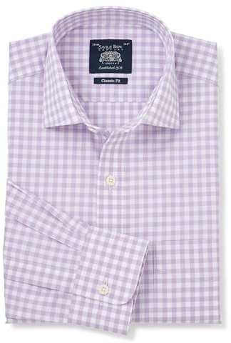 THE SAVILE ROW COMPANY LONDON Men's Classic Fit Cotton Poplin Single Cuff Formal Shirt - Lilac Gingham Check - 16.5 Collar