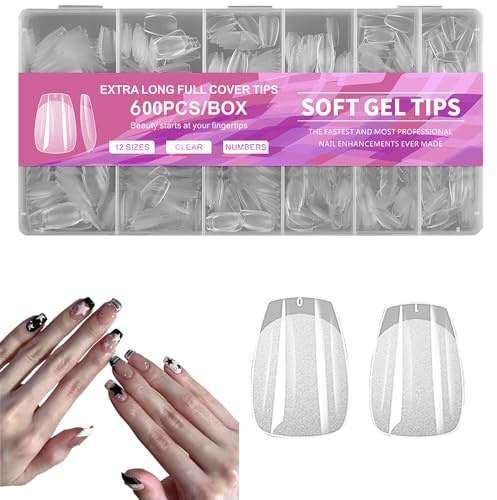 XFSRG 600 Pezzi Tip Unghie 12 Misure Ricostruzione Copertura Completa Semi-Opache Unghie Finte Medium Almond Quadrate Corte Gel Tips Unghie per Salone Manicure Nail Art Principiante (A)