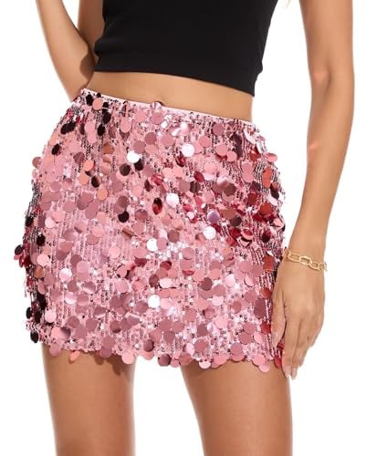 LEACOOLKEY Gonna con Paillettes per Donna Mini Lucente Elastica Bodycon per Feste Natalizie Serale Party Gonna Glitter