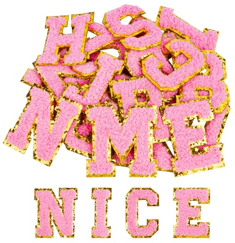 AOOTE Self Adhesive Letter Patches, 26Pcs A-Z Embroidered Applique Patches, Chenille Letters Stickers, Stick on Embroidered Patch for Clothes, Jeans, Dress, Hat, Bags, DIY Accessories, Pink