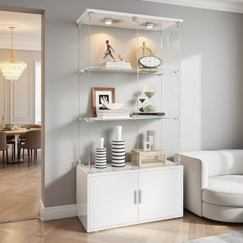 Vetrina in vetro con LED,Vetrina in vetro temperato,3 strati di vetro,a 2 porte e lucchetto,vetrine per figure armadio,per soggiorno,ufficio,oggetti da collezione (Bianco +LED 1, 3 piani +armadietti)