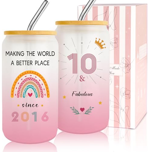 Zyphoria 10 Year Old Girl Gift,10th Birthday Gifts for Girls,Happy 10th Birthday Glass Cup with Lid and Straw Gift Ideas, Gifts for 10 Year Old Girls,10th Birthday Decorations for Daughter,Sister-1pc