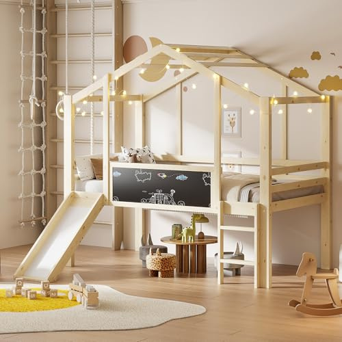 EMKK Lit Cabane Enfant Mezzanine 90x200cm Bois Naturel, avec Toboggan, Échelle & Tableau Noir, Sécurisé Espace-Saving pour Chambre Enfant (Naturel)