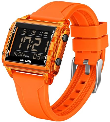 Digital Sportuhr Rechteckig Outdoor Wasserdicht Armbanduhr Transparent Große Zahl leuchtende ziffern mit Chronograph Stoppuhr Alarm Multifunktional Digitaluhr für Damen und Herren Bunt Unique