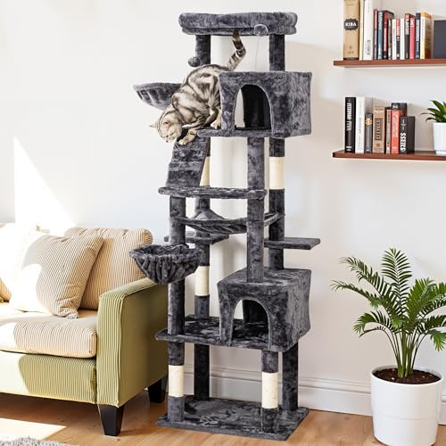 74 Heavy Duty Cat Tree for Indoor Cats, Sturdy Cat Tower for Large Cats Adult, Big Cat Tree with 6 Sisal Scratching Posts, 2 Big Condos, 2 Dual-Ear Hanging Baskets, Enlarged Top Perch, Dark Grey