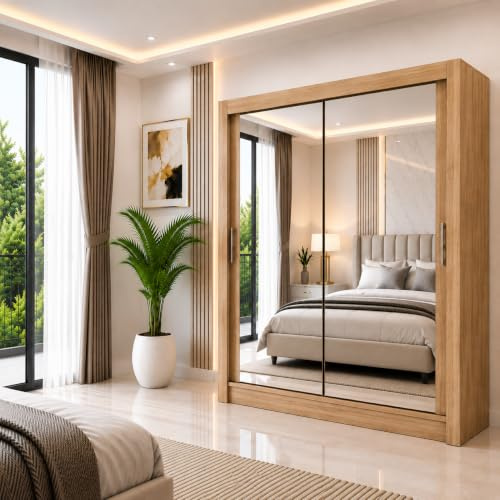 REXwood Furniture Mirrored Sliding Door Wardrobe, Bedroom Storage with Full Mirror Doors, Shelves & Hanging Rails, Modern Flat Pack Design, Black White Grey Oak, 100-250 cm (Oak, 203cm)