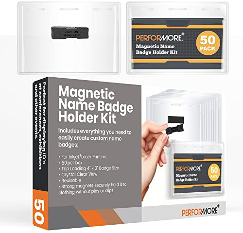 Officewerks - 50 Pack of Magnetic Name Badge Holder Kit, 4 x 3 Horizontal ID Card Name Tags for Conventions, Exhibitors, and Events (Inkjet or Laser Printable Inserts Included)