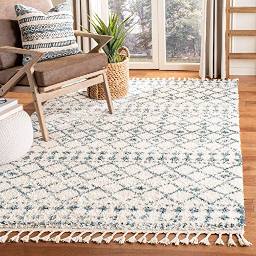 SAFAVIEH Zottelig Teppich für Wohnzimmer, Esszimmer, Schlafzimmer - Berber Fringe Shag Collection, Kurzer Flor, Creme und Blau, 160 X 229 cm