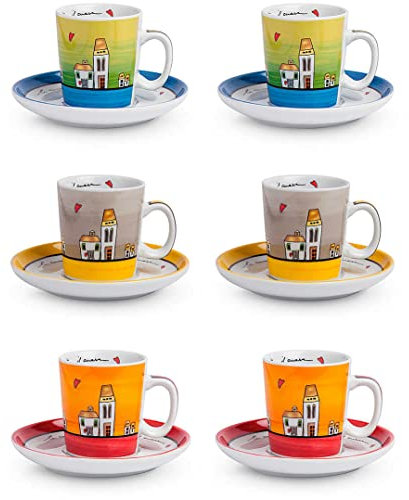 Egan Set 6 Tazze caffè con piattini Collezione Le Casette. Oggetto Realizzato in Porcellana Multicolore. Dimensione: 6 cm. La referenza è PLC06/1Z