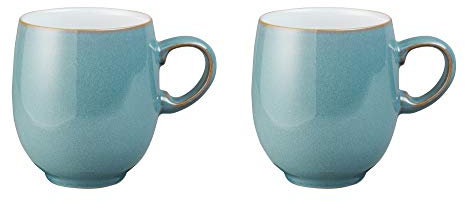 Denby - Azure Blue Large Coffee Mug Set of 2 - 400ml Stoneware Ceramic Curved Tea Mug Set For Home & Office - Dishwasher Safe, Microwave Safe - Blue, White - Chip Resistant