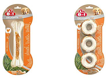 8in1 Delights Chicken Kauknochen Strong L, 1 Stück (130 g) & Delights Chicken, gesunder Kauksnack für Hunde, hochwertiges Hähnchenfleisch eingewickelt in Rinderhaut, versch. Varianten