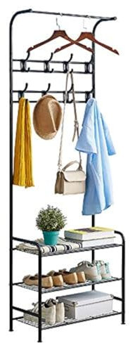 JIIKOOAI Entryway Coat Rack, Metal Coat Stand 3-in-1 Hall 3-tier Shoe Bench with Coat Hat Umbrella Rack, Storage Shelves with 8 Hooks, Multifunctional Hallway Organizer, Easy Assembly (Black)