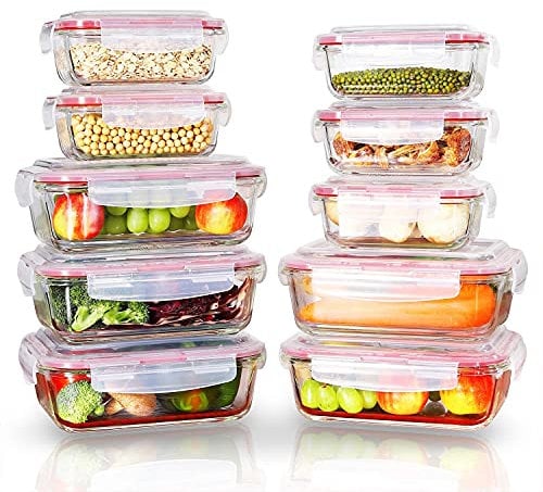 Vinsani 10 Pack Rectangle Glass Food Containers with Lids - Airtight Glass Containers with Lids Food Prep Container - Glass Meal Prep Containers Glass Storage Containers with Lids