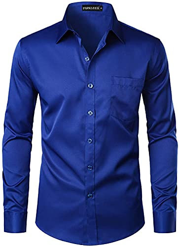 PARKLEES Men's Urban Stylish Casual Business Slim Fit Long Sleeve Button Up Dress Shirt with Pocket Royal Blue XXL