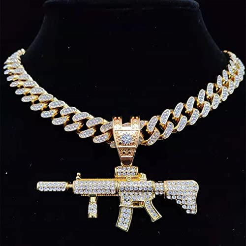 zxcs Männer Frauen Hip Hop Submachine Pistole Anhänger Halskette mit 13mm Miami Kubanische Kette Hiphop Halsketten Modeschmuck-Gold,20inch