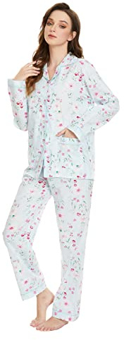 GLOBAL Womens Pyjama Sets 100% Cotton Ladies PJs Button Front Top and Drawstring Bottoms