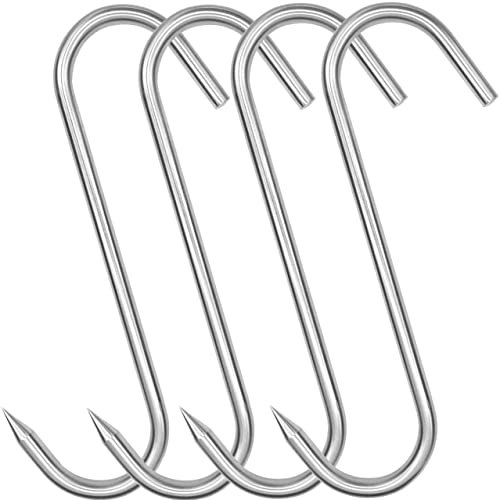 Grizef Gancio a S per carne, robusto acciaio inox, 200 mm x 8 mm, gancio per la lavorazione della carne per macellai, agricoltori, cacciatori (4 pezzi, 8 mm) (200 mm x 8 mm)