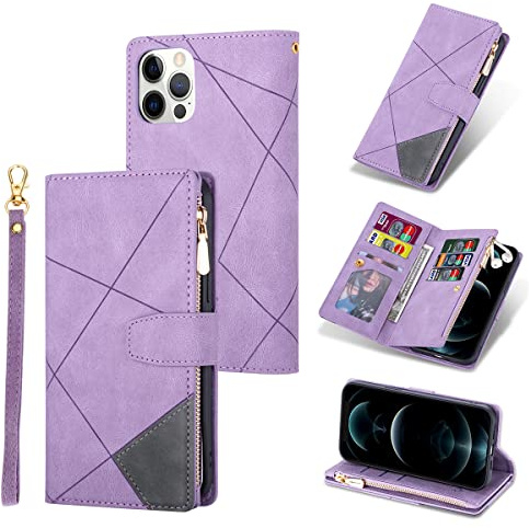 UEEBAI Wallet Case for iPhone 12 Pro Max 6.7 inch, Vintage Premium PU Leather Cover Flip Case with Card Slots Magnetic Closure Zipper Pocket Kickstand Handbag with Hand Strap - Diamond Purple