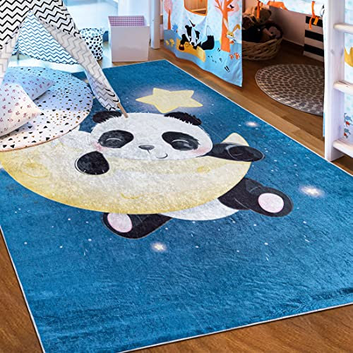 Mazovia Kinderzimmerteppich Antirutsch - Waschbar bis 30 Grad - Stern Mond Panda Tiere - Kurzflor Kinderteppich Teppich für Kinderzimmer - ÖKO-TEX - Teppiche Junge Mädchen Blau 80 x 150 cm