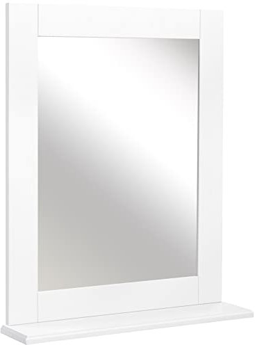 kleankin Espejo de Baño 50x11,5x60 cm Espejo de Pared Moderno con Estante de Almacenaje y Marco de Madera para Dormitorio Aseo Blanco