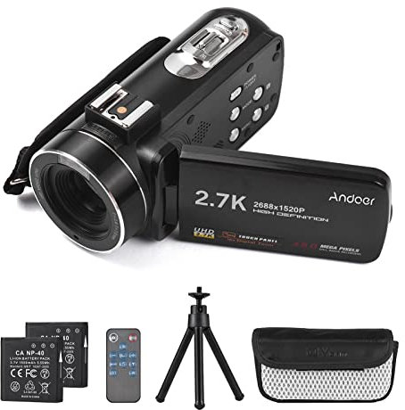 Andoer Videocamera, videocamera da 2,7 K, fotocamera Vlogging da 48 MP, zoom digitale 16x, touch screen da 3,0 pollici, con 2 batterie, telecomando, mini treppiede, borsa per il trasporto