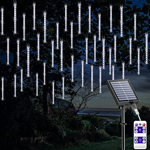 DINOWIN Solar Meteorschauer Lichterkette Außen Mit Fernbedienung Wasserdichte Lichterketten Licht aus 30cm 8 Tubes Schnur 288LEDs Fallende Regenlichter für Hochzeitsfeier Weihnachtsbaum (Weiß)