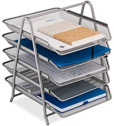 Relaxdays Dokumentenablage, Papierablage für A4 Formate, 4 Fächer, 37,5 x 30 x 35 cm, Mesh-Design, Büro-Ablage, Silber