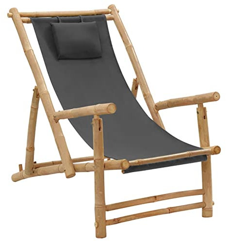 JUNZAI Liegestuhl, Gartenliege, Sonnenliege, Relaxliege, Deckchair, Terrassenstühle, Beach Chair, Saunaliege, Bambus und Canvas Dunkelgrau