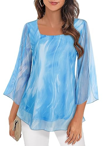 Syphiby Womens Dressy Tops, 3/4 Sleeve Square Neck Chiffon Blouse Womens Float Chiffon Blouse Tops Ladies Tunic Tops Blue Longline Tops Womens Ruffle Flowy Blouse Layers Blouse