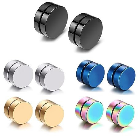 JITNGA 5 Paare Set Edelstahl Magnet Ohrringe Gefälschte Clip Nicht Durchbohrte Ohrstecker Für Herren Damen Cz Ohrringe Rund Ohrringe Clips Tunnel Hypoallergen 8Mm Silber Schwarz Gold Blau Bunt