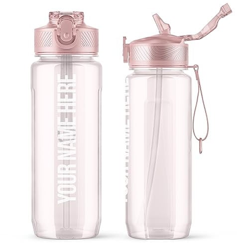 Personalised Water Bottle with Straw 800ml Water Bottle, BPA Free Leakproof Lockable Flip Lid Drink Bottle Sports Gym Hiking School Camping Office Walking, Pink