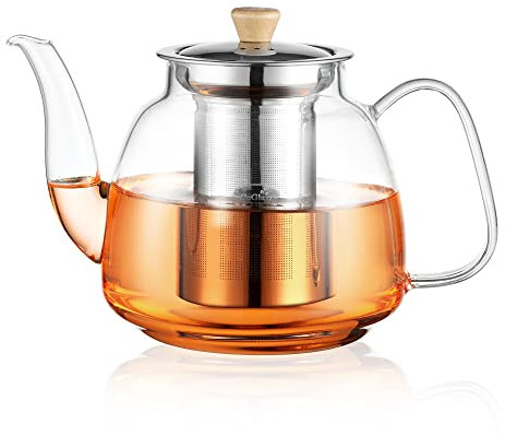 CNGLASS 37.5oz(1100ml) Glass Teapot with Infuser,Clear Glass Tea Kettle with Removable Stainless Steel Strainer,Stovetop Safe Glass Teapot for Blooming and Loose Leaf Tea