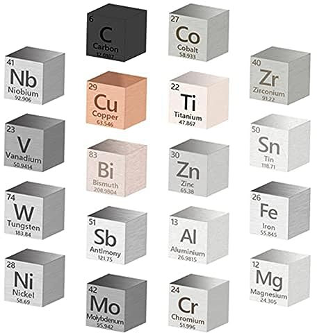 Sknrlko 18 Stück Metallelementwürfel, Dichtewürfel, Elementwürfel, 99,99% Hochrein, Sammlung Des Periodensystems der Elemente (0,39/10 Mm)
